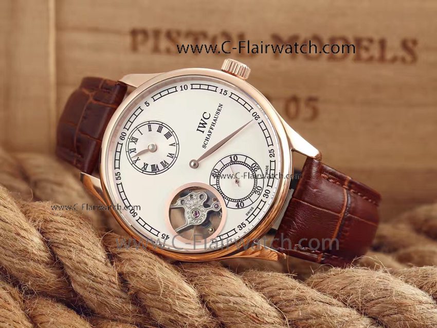 Copy IWC Regulateur Watch Rose Gold White Tourbillon Dial